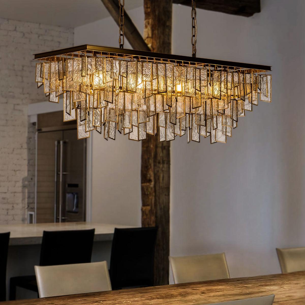 4-Light Mid-Century Modern Matte Gold Water Glass Fringe Chandelier for Dining Room