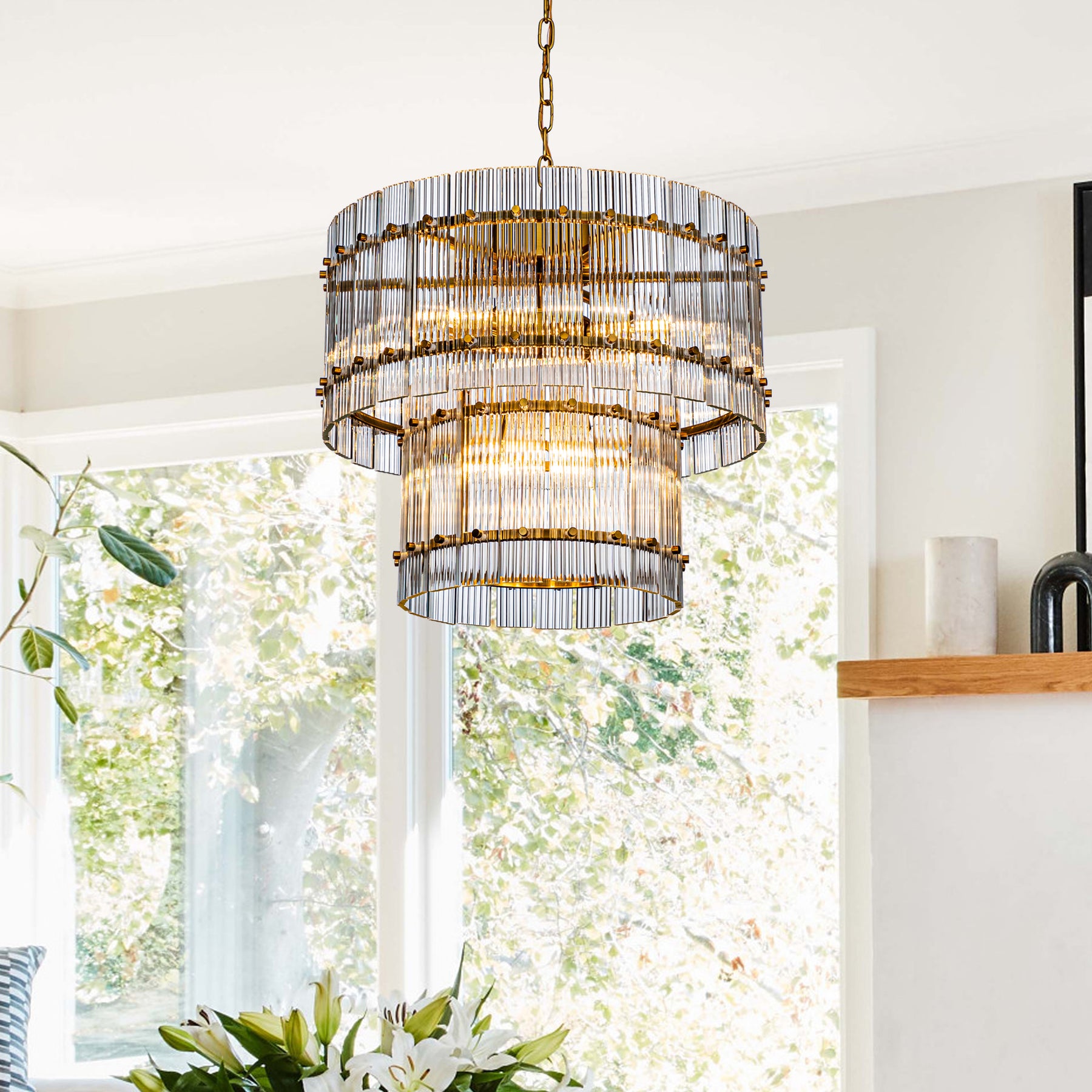 Modern Antique Gold Two-Tiered Glass Chandelier