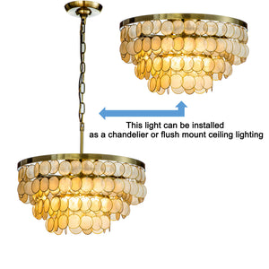 4-Light Round Coastal Capiz Shells Tiered Chandelier With Antique Gold Metal And Natural Seashell