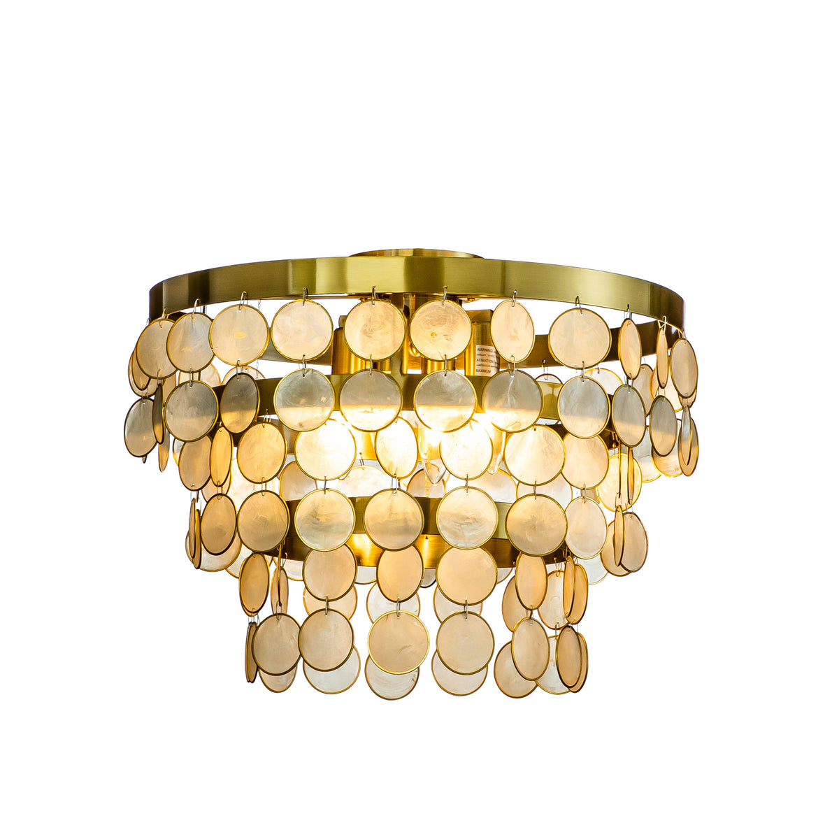 4-Light Round Coastal Capiz Tiered Flush Mount Ceiling Light With Antique Gold Metal And Natural Seashell