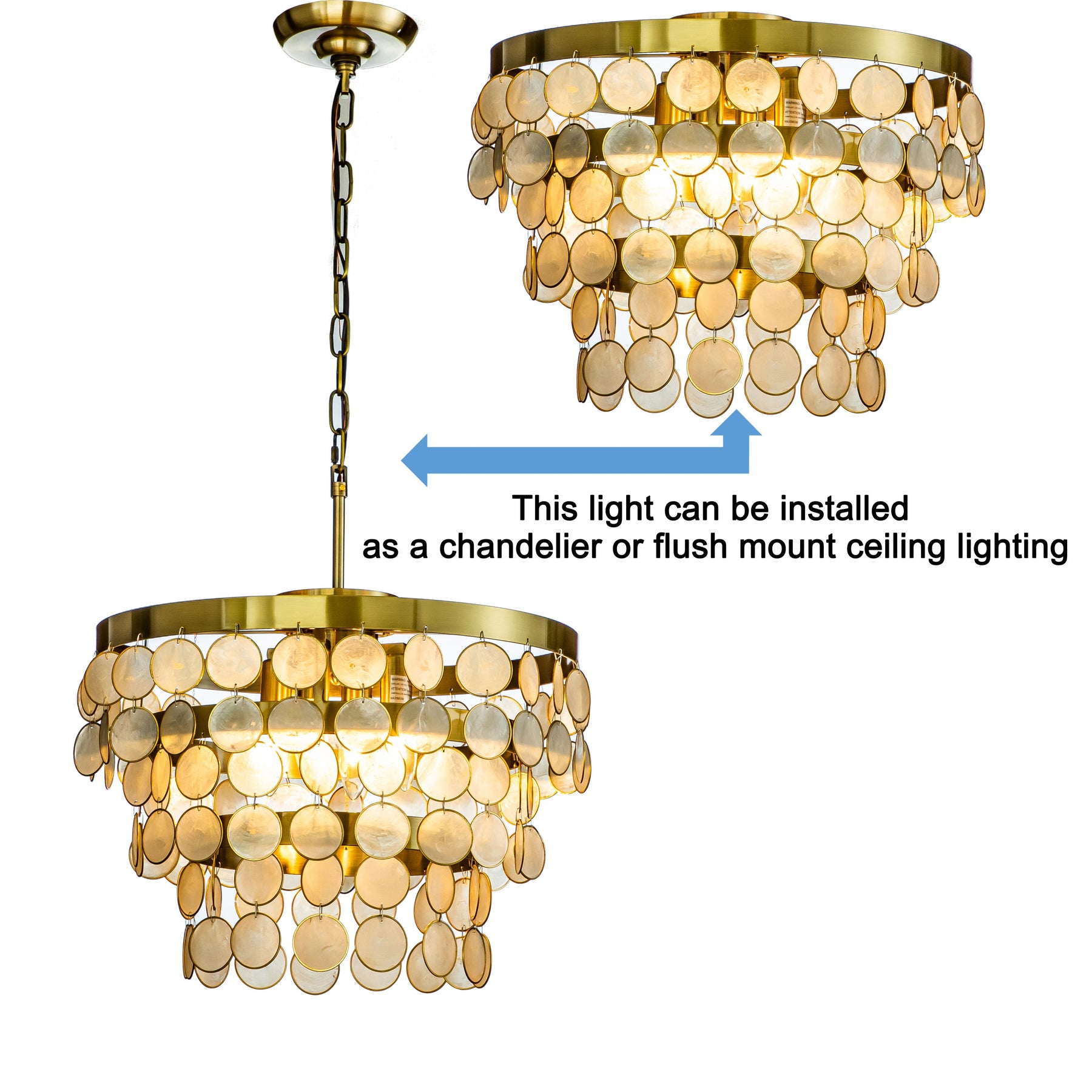 4-Light Round Coastal Capiz Shells Tiered Chandelier With Antique Gold Metal And Natural Seashell