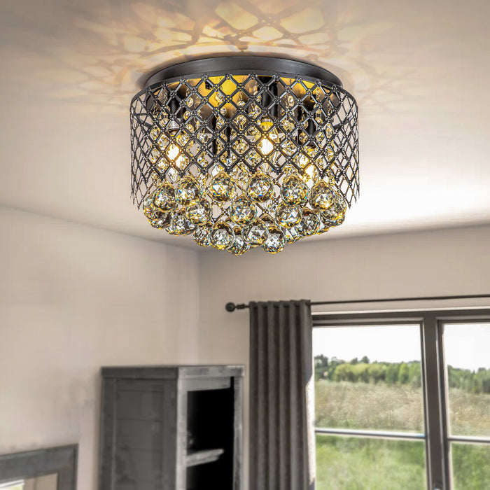 4-Light 14" Classic Glam Matte Black Crystal Lattice Flush Mount Ceiling Light