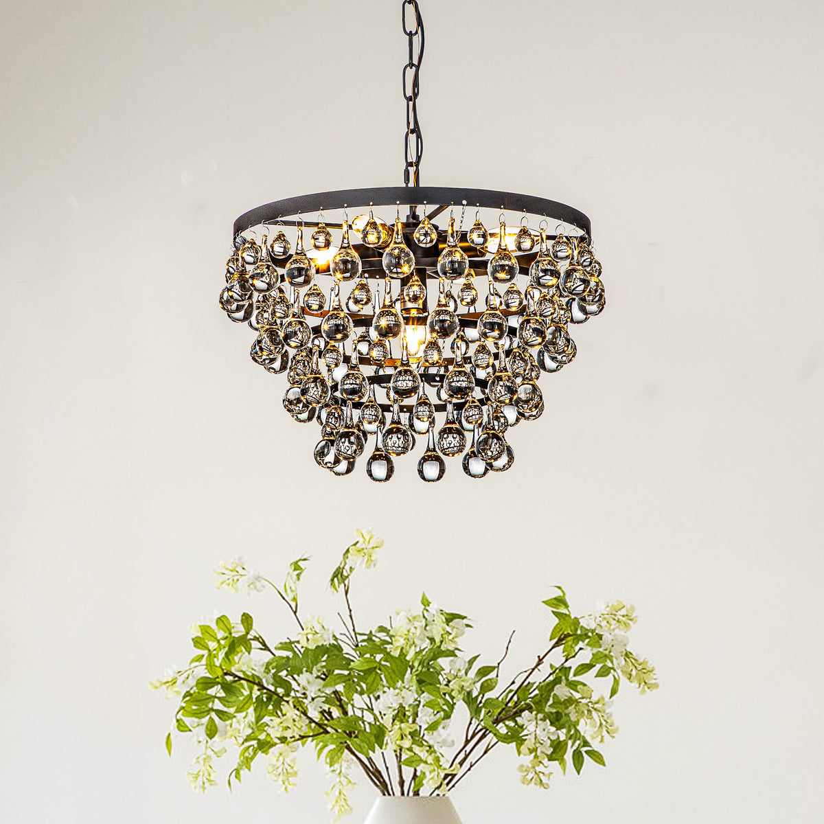 Modern Tiered Matte Black Crystal Chandelier