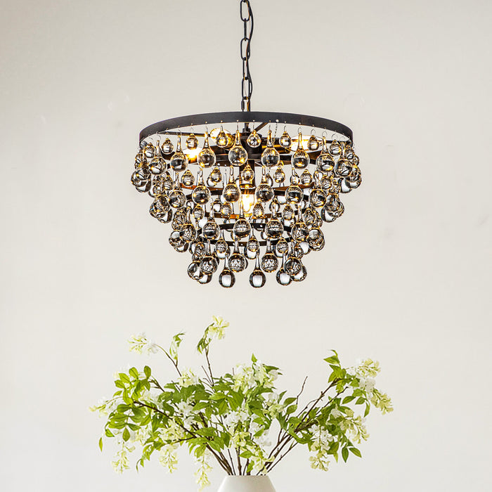 5-Light 17'' Modern Tiered Matte Black Chandelier With Clear Crystals