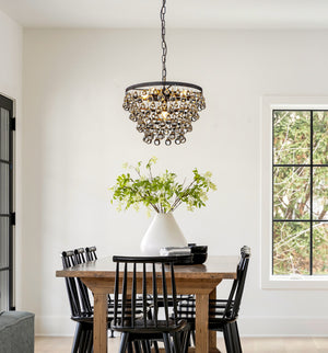 5-Light 17'' Modern Tiered Matte Black Chandelier With Clear Crystals