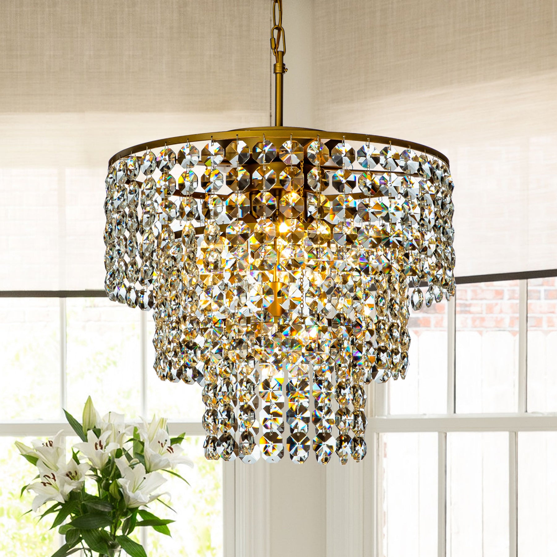 Antique Gold Tiered Chandelier with Clear Crystal Beads