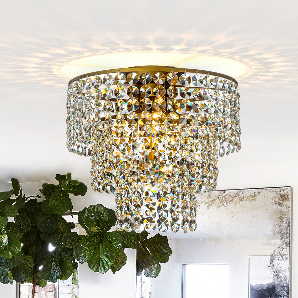 OPEN BOX-Antique Gold Cone Ceiling Light with Clear Crystal Beads