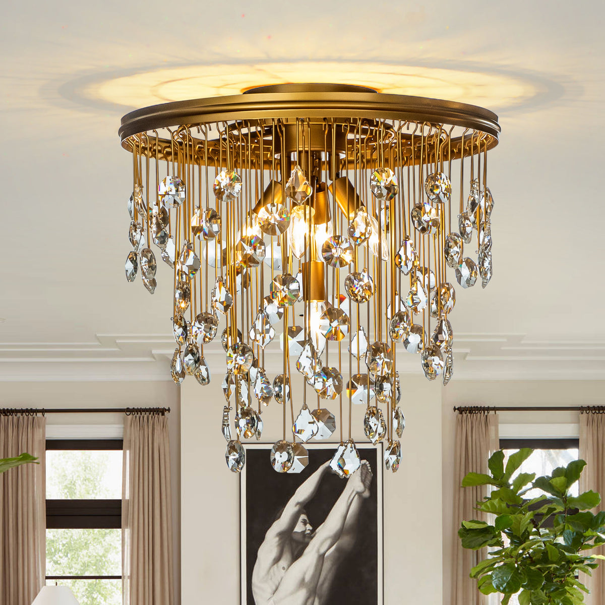 OPEN BOX-Modern Antique Gold Flush Mount with Rain Drop Crystal