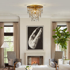 5-Light 20'' Modern Antique Gold Flush Mount With Rain Drop Crystal Shade