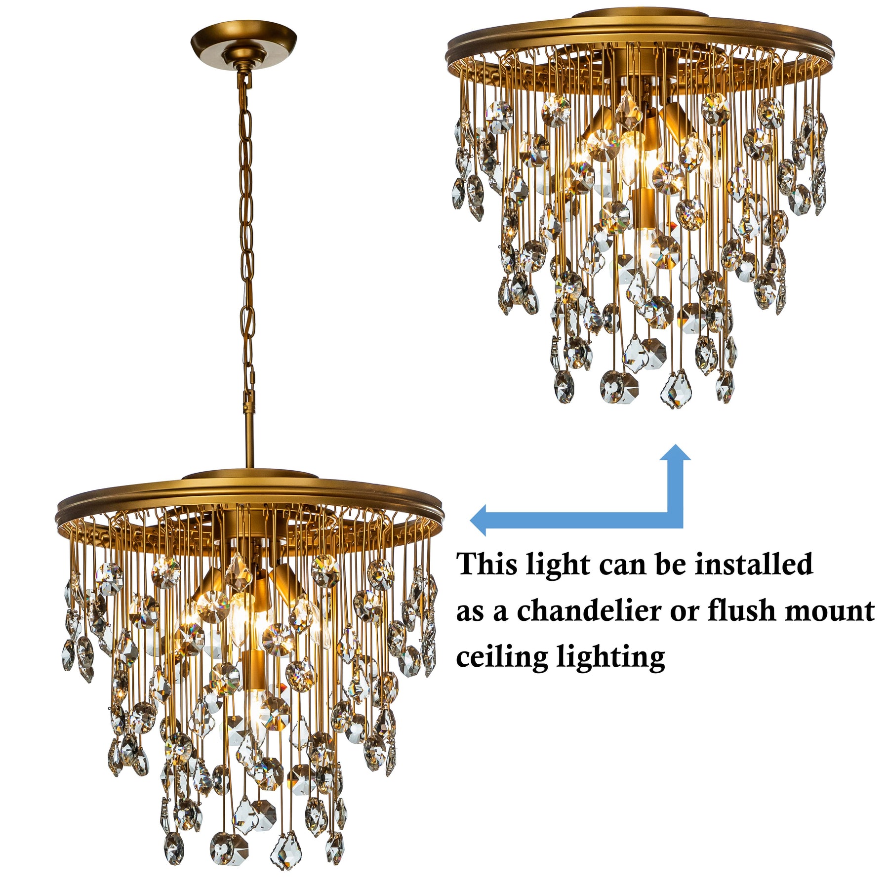 Modern Antique Gold Chandelier with Rain Drop Crystal