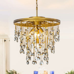 5-Light 20'' Modern Antique Gold Chandelier With Rain Drop Crystal Shade