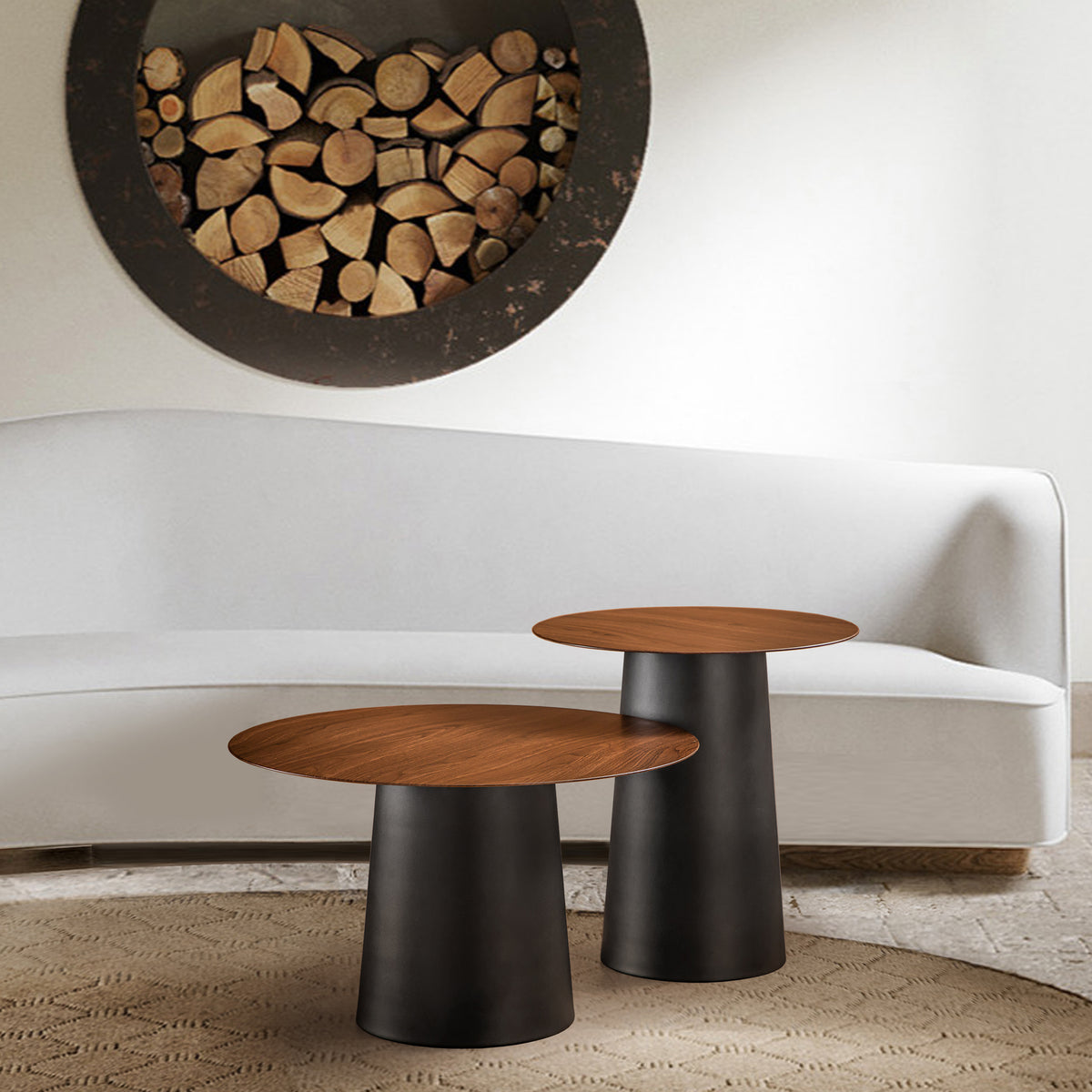 Mid Century Modern Metal Single Round Coffee Table -Walnut veneer 17.7"W