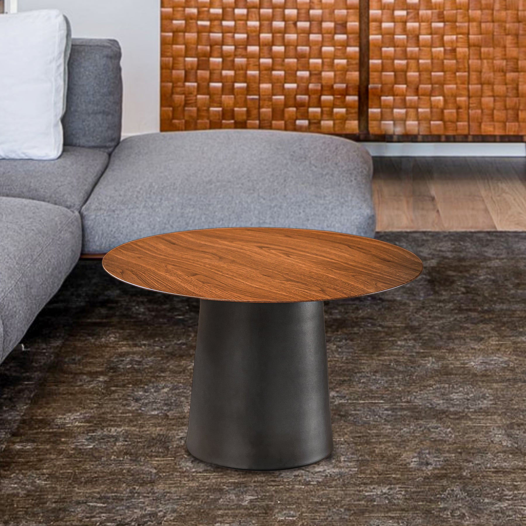 Mid Century Modern Metal Single Round Coffee Table -Walnut veneer 23.6"W