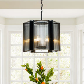 Black Wrought Iron Round Lantern Chandelier with Clear Glass Panels