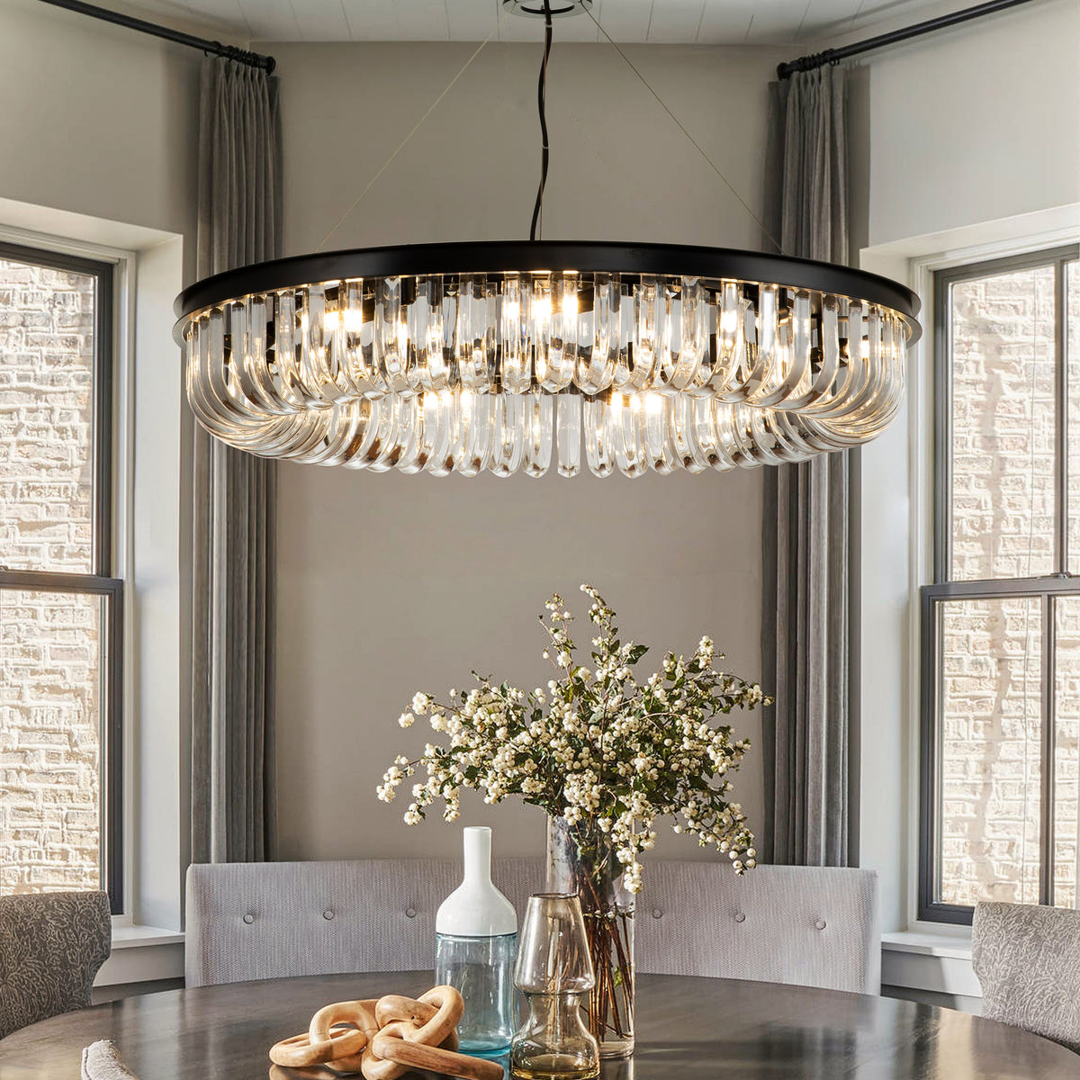 32'' Contemporary Glam U-Shaped Crystal Black Circular Chandelier