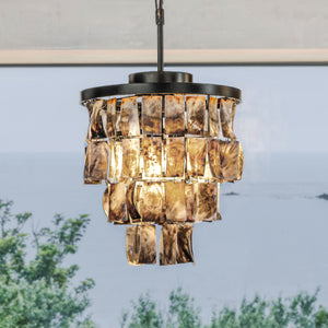 3-Light 12" Farmhouse Natural Patterned Capiz Shell Black Gold Seashell Tiered Chandelier Coastal Indoor Pendant lamp