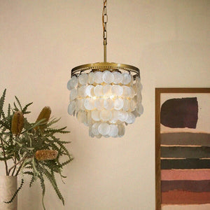 3-Light Coastal Capiz Seashell Tiered Chandelier in Painted Brass