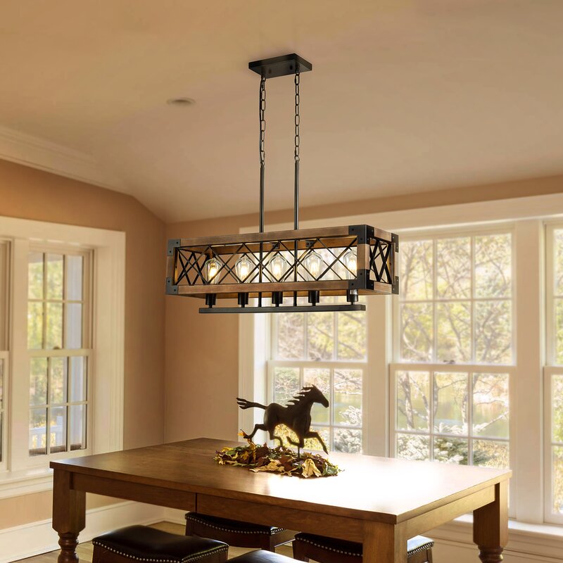 Farmhouse Rectangle Kitchen Island Chandelier with Solid Wood Accent