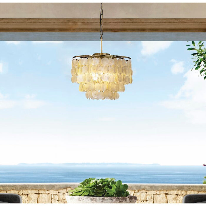 3-Light Coastal Capiz Seashells Chandelier in Antique Gold for Living Room
