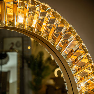 Modern And Contemporary Antique Gold Circular Crystal Framed Wall Mirror With Lights