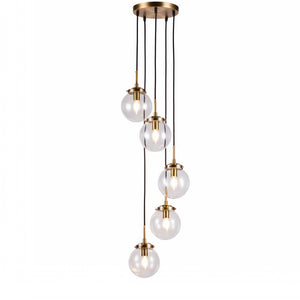 Modern Staircase Clear Globe Bubble Glass Linear Chandelier 5-Lights Brass Pendant Light