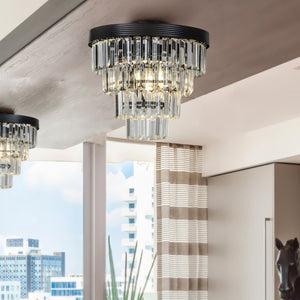 3-Light Matt Black Interior Tiered Crystal Flush Mount Ceiling Lamp Glam Chandelier