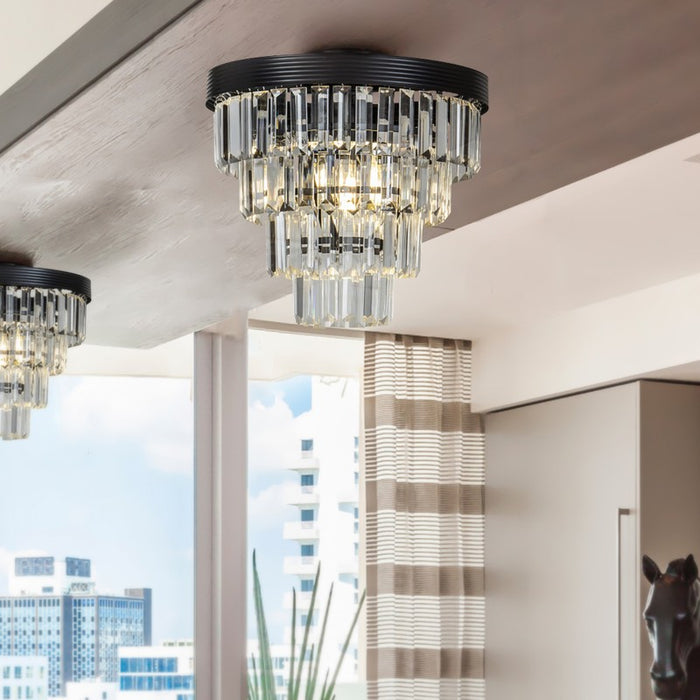 3-Light Matt Black Interior Tiered Crystal Flush Mount Ceiling Lamp Glam Chandelier