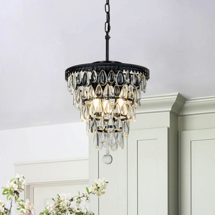 3-Lights  Matte Black 12" Modern Teardrop Crystal Chandelier