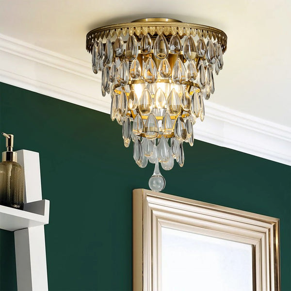 3-Lights Brass Tiered Crystal Chandelier