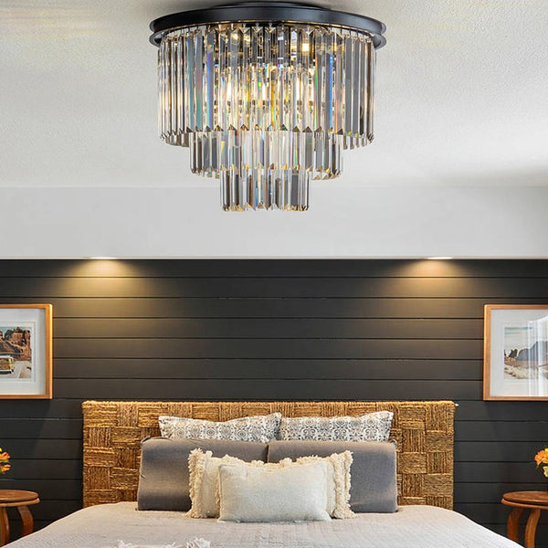 6-Lights Contemporary Matte Black 3-Tier Round Flush Mount Ceiling Light With Crystal Accents