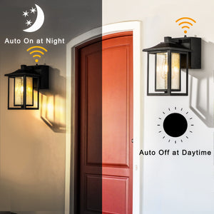 1 Light Matte Black Dusk to Dawn Sensor Outdoor Wall Lantern Sconces with Seeded Glass and built-in GFCI Outlets
